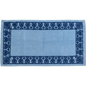 Vintage Sears Superplush Bath Towel Blue Heart Border Jacquard Made in USA 45x24
